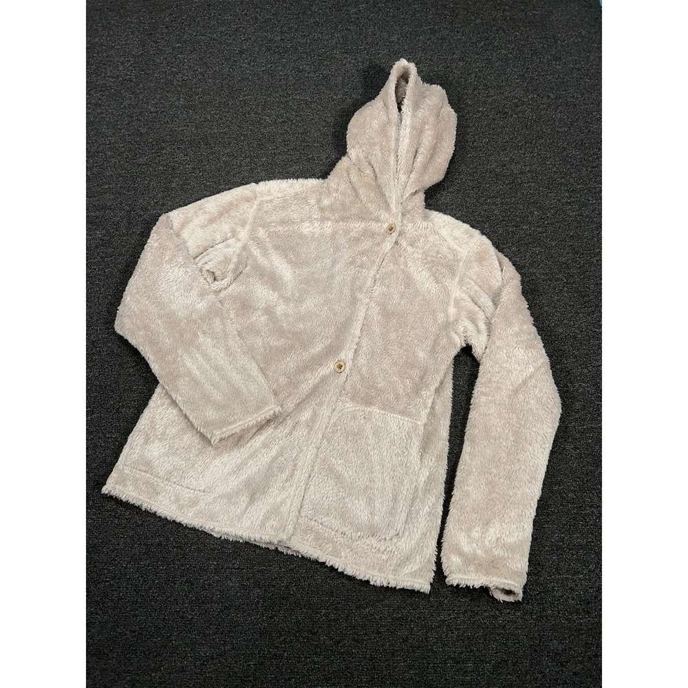 Patagonia Jacket Women's Large Beige Fuzzy Wrap Cardigan Coat Hooded Buttons